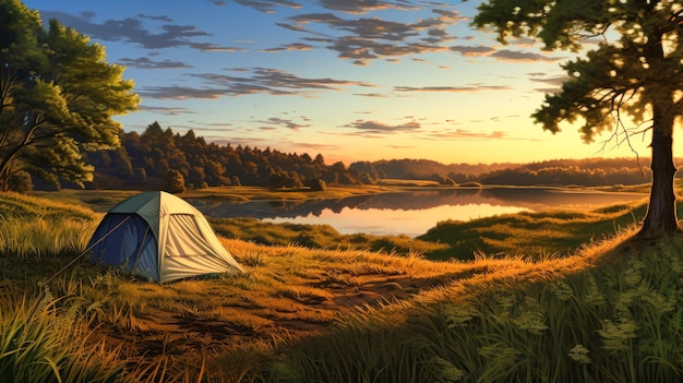 Tenda installata sulla riva del lago Un luogo di campeggio sereno per gli amanti della natura Escursioni e attività ricreative all'aperto