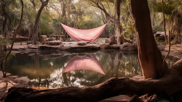 Tenda rosa in una laguna con pali di legno immersa nella natura