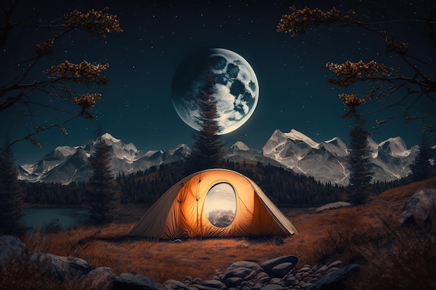 Tenda tra le montagne di notte con vacanza ecologica lunare