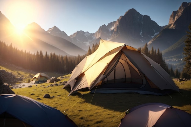 Tenda turistica campeggio in montagna ai generativa