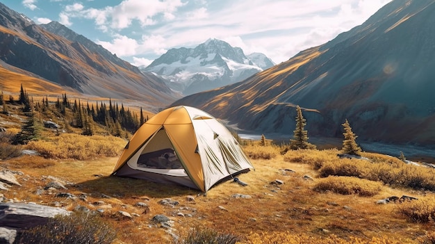 Tenda turistica in campeggio in montagna IA generativa