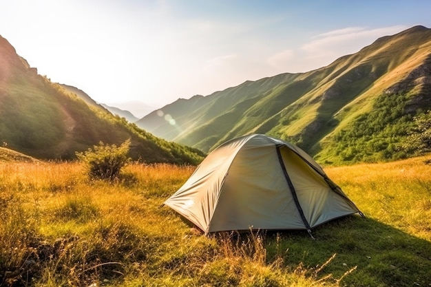 Tenda turistica in campeggio in montagna in una giornata di sole