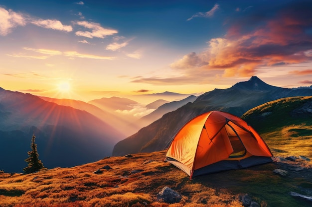 Tenda turistica in montagna all'alba d'estate