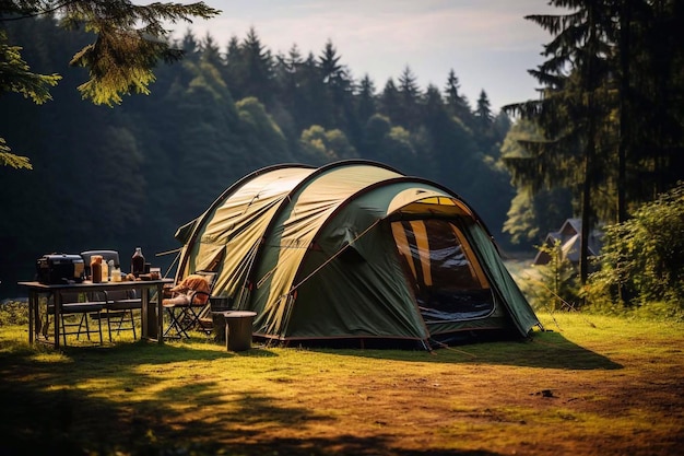 Tenda turistica in una radura della foresta IA generativa