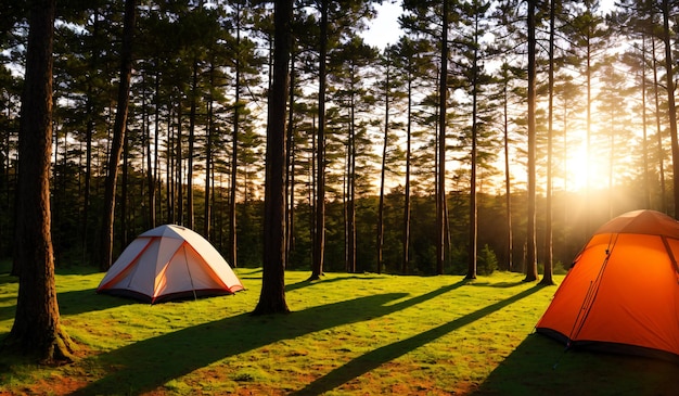 Tenda turistica nella foresta al tramonto Concetto di viaggio IA generativa