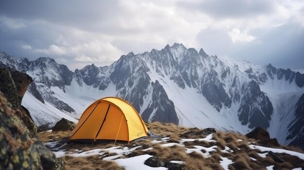 Tenda turistica sulle cime delle montagne dell'altopiano attività all'aperto di sfondo Escursione in famiglia in natura AI