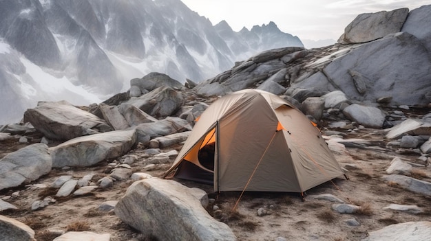 Tenda turistica sulle cime delle montagne dell'altopiano attività all'aperto di sfondo Viaggio in famiglia in natura generato dall'IA