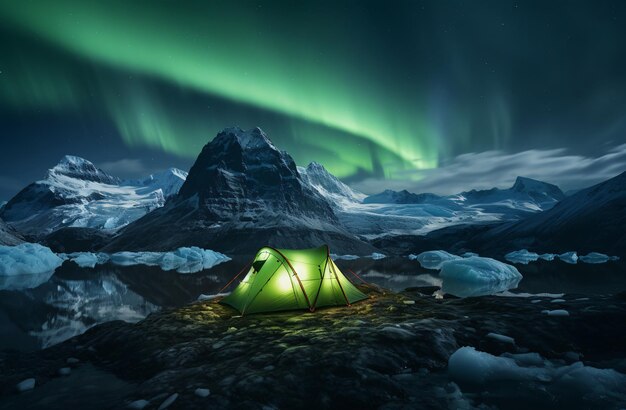 Tenda verde su un lago ghiacciato con aurora boreale e Mountain View generata dall'intelligenza artificiale