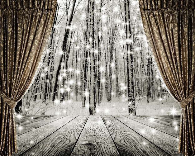 Tende aperte sullo sfondo della foresta invernale e delle stelle