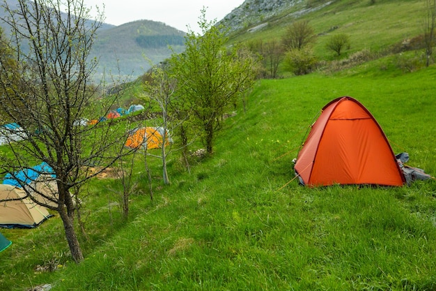 Tende da campeggio su un prato verde in montagna in primavera Riposati con la tenda nella natura