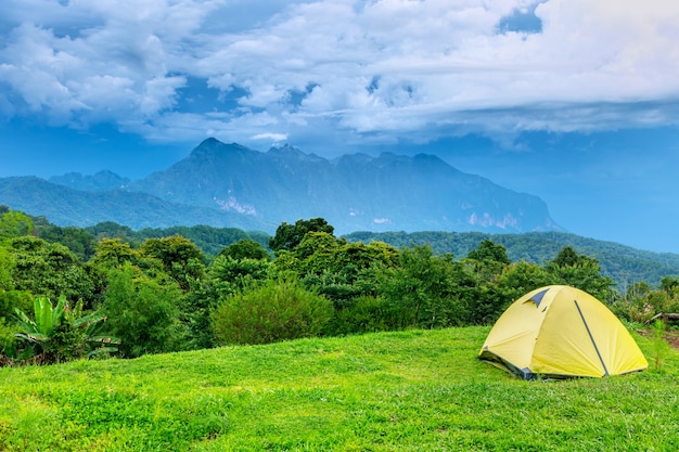 Tende e fiore di campeggio con Doi Luang Chiang Dao all&#39;uomo di Doi Mae Ta, Chiang Mai, Tailandia