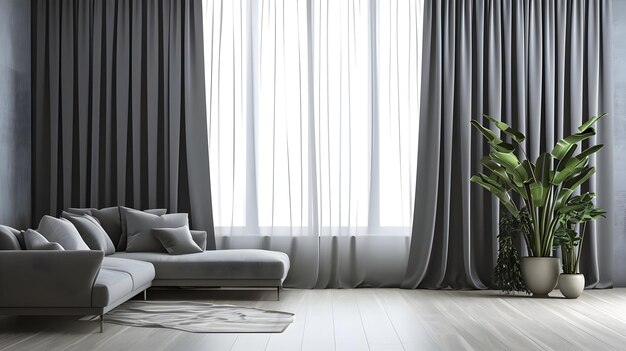 Tende grigie nella moderna composizione orizzontale della stanza con divano Giornata soleggiata nella stanza