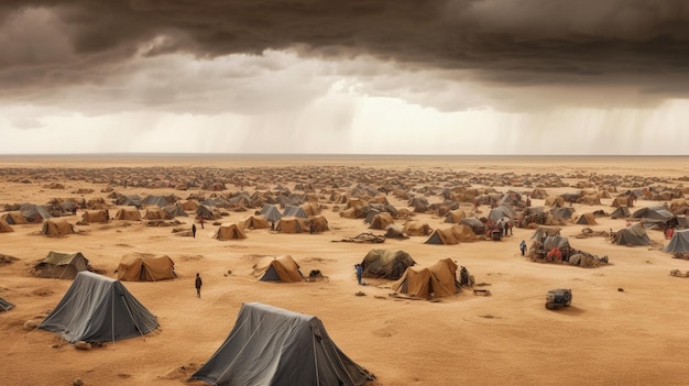 Tende in un deserto con un cielo scuro sullo sfondo