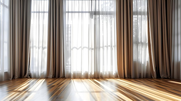Tende marroni e bianche nella moderna composizione orizzontale della stanza Giornata soleggiata nella stanza