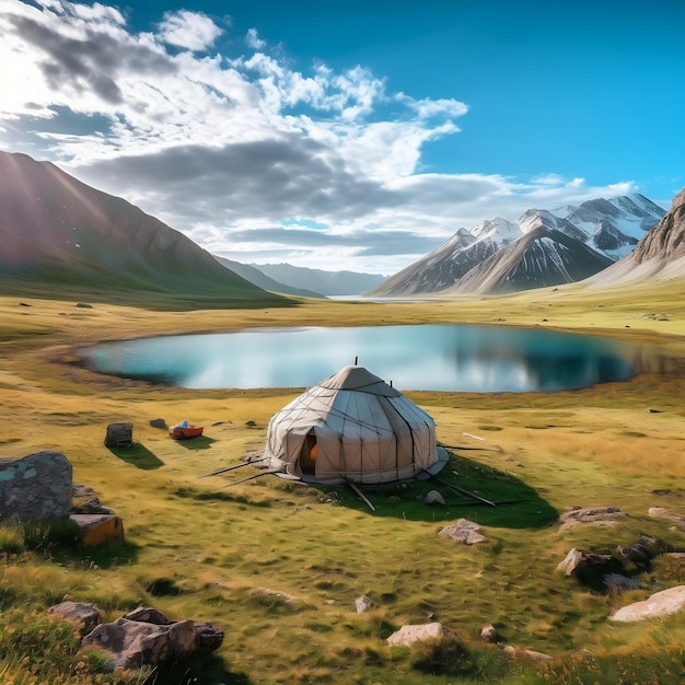 Tende nomadi Yurta al lago Song Kol Kyrgyzstan Generative AI