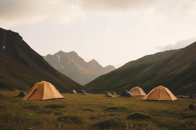 tende turistiche in un campo turistico in montagna al mattino generativa AI