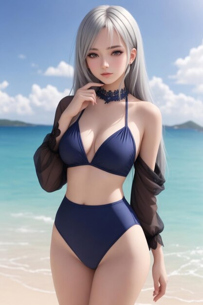 tendenze della moda costume da bagno ragazza anime colore capelli grigio cenere sulle immagini della spiaggia con ai generate