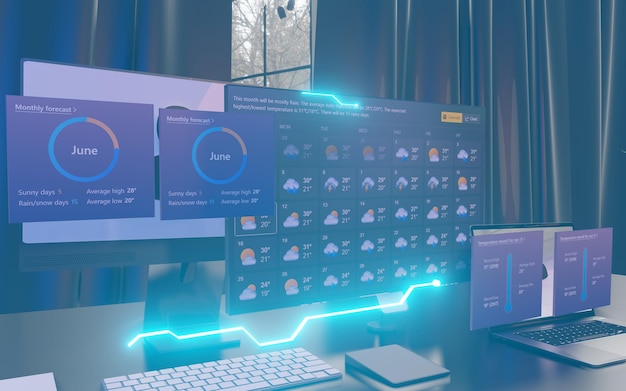 Tendenze digitali e informazioni meteorologiche Illustrazione di computer portatili, telefoni cellulari e computer a Off