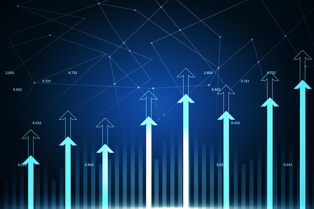 Tendenze economiche e concetto di big data con frecce digitali incandescenti su sfondo tecnologico scuro astratto con grafici finanziari e numeri rendering 3D