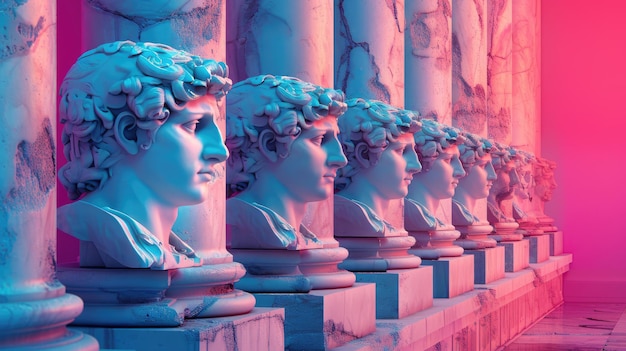 Tendenze visive psichedeliche surreali antiche sculture di dei greci statue di colonne romane colori vivaci al neon che creano una fusione ipnotizzante e d'avanguardia del passato e del presente