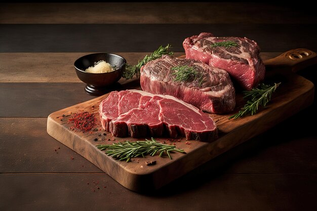 Tenderloin Denver Cut Striploin e Rib Eye bistecche di manzo Black Angus prime crude fresche su una tavola di legno