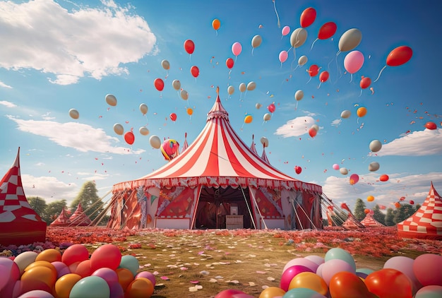 tendone da circo con palloncini colorati e coriandoli colorati in un campo aperto in stile rosso chiaro
