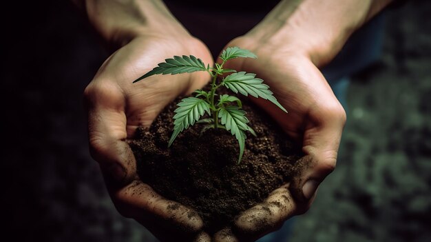 Tenendo in mano piccole piantine della pianta di cannabis