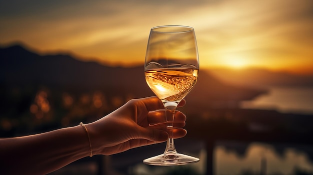 Tenendo in mano un bicchiere di vino frizzante nella bellezza della sera godendo un bicchiere di vino