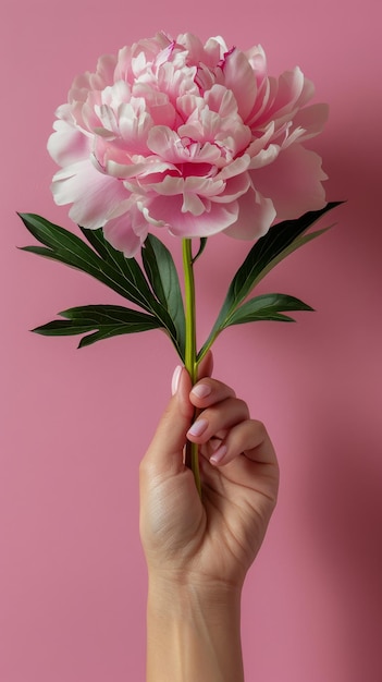 Tenendo in mano un fiore rosa su uno sfondo rosa