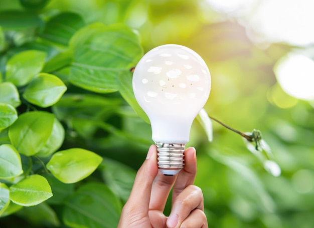 tenendo in mano una lampadina contro la natura su una foglia verde AI Generato