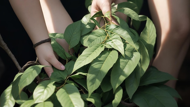 Tenendo la pianta di ayahuasca con brunch e foglie