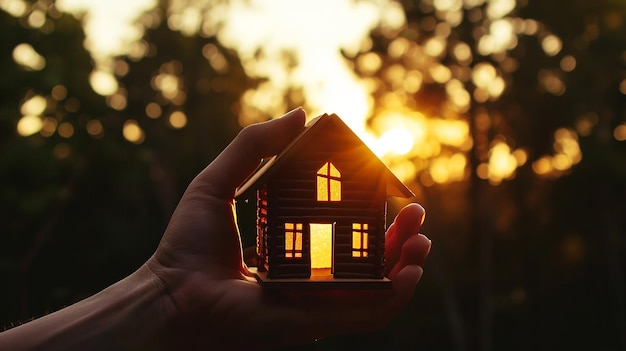 Tenendo una casa in miniatura illuminata al tramonto