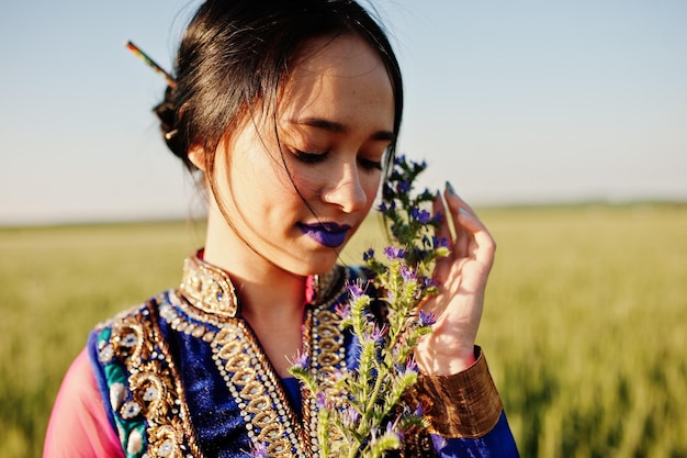 Tenera ragazza indiana in saree con labbra viola compongono poste in campo al tramonto Modello indiano alla moda