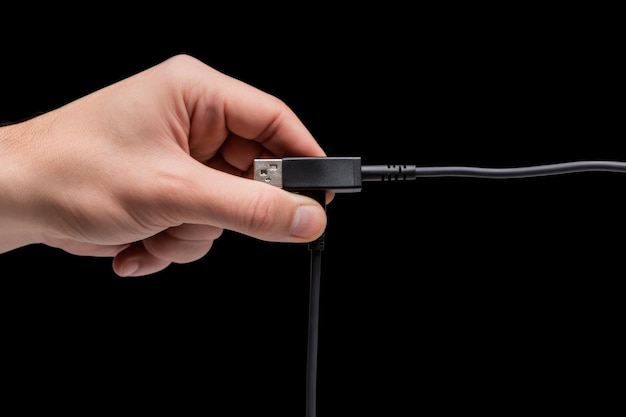 Tenere a mano un piccolo dispositivo nero con fili su una superficie bianca o trasparente sullo sfondo trasparente PNG