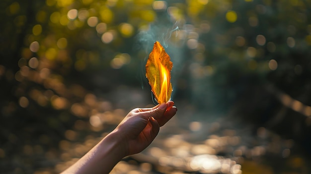 Tenere a mano una foglia in fiamme e verde con una sfocatura della zona secca