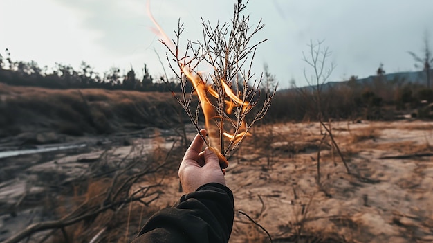 Tenere a mano una foglia in fiamme e verde con una sfocatura della zona secca