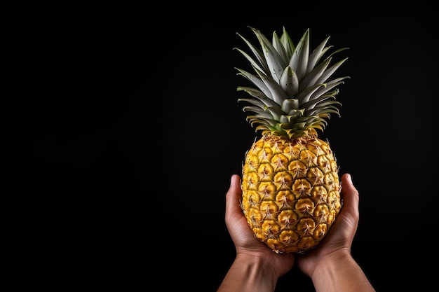 Tenere in mano l'ananas fresco isolato su uno sfondo nero con spazio per la copia