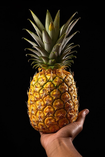 Tenere in mano l'ananas fresco isolato su uno sfondo nero