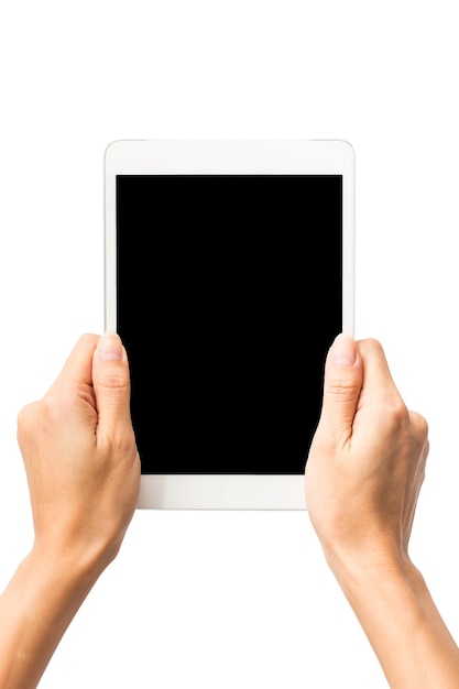 Tenere in mano tablet PC digitale vuoto isolato su sfondo bianco