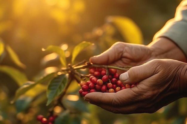 Tenere la pianta di caffè in mano nel campo e la luce solare IA generativa