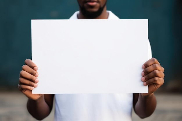 Tenere un pezzo bianco di carta tenendo un pezzo Bianco vuoto di cornice bianca con entrambe le mani generato da AI