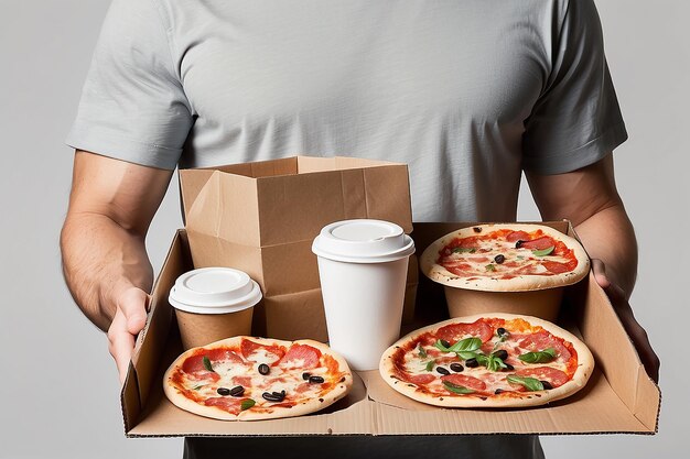 Tenere vari contenitori di cibo da asporto scatola di pizza tazze di caffè in supporto e borsa di carta