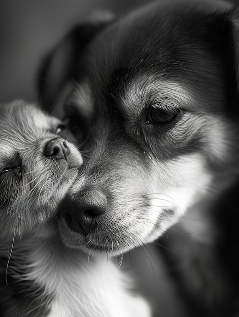 Tenero abbraccio canino in bianco e nero Genitore e cucciolo condividono un momento tenero in bianco ed neroxA