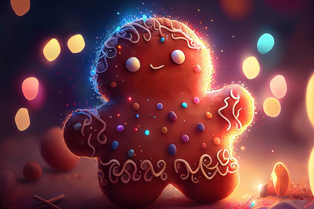 Tenero biscotto di panpepato con luci di Natale bokeh sullo sfondo Illustrazione di Natale