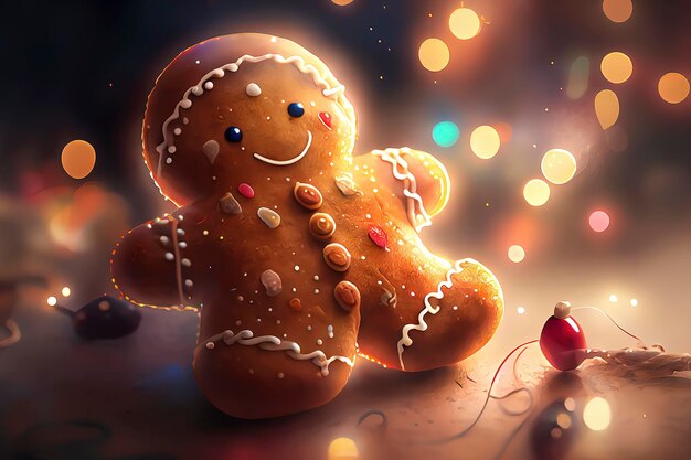 Tenero biscotto di panpepato con luci di Natale bokeh sullo sfondo Illustrazione di Natale