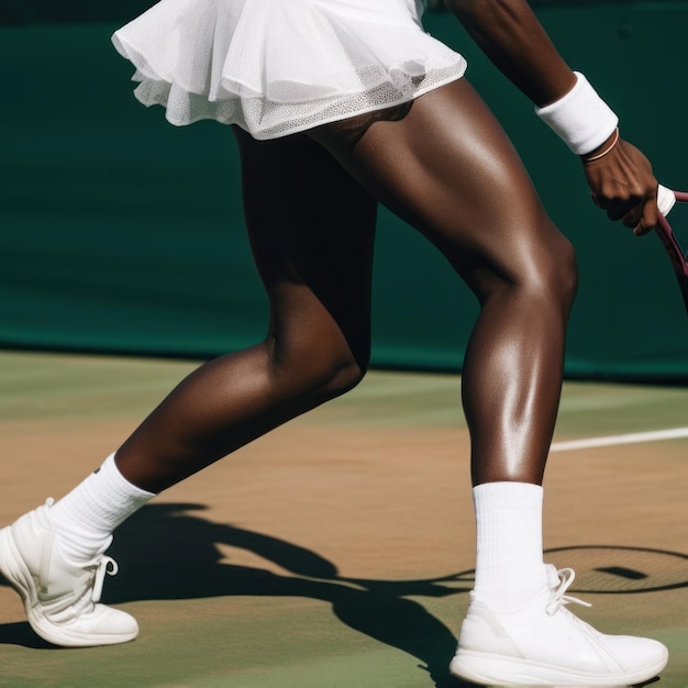 Tennista afroamericana in azione con racchetta da tennis che indossa gonna