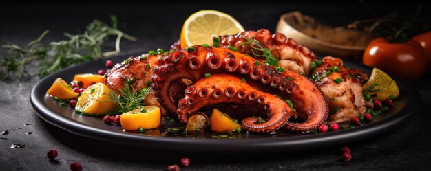 Tentacoli di polpo bolliti su un piatto di pietra Cibo di mare Generativo ai