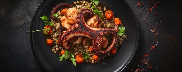 Tentacoli di polpo bolliti su un piatto di pietra Cibo di mare Generativo ai