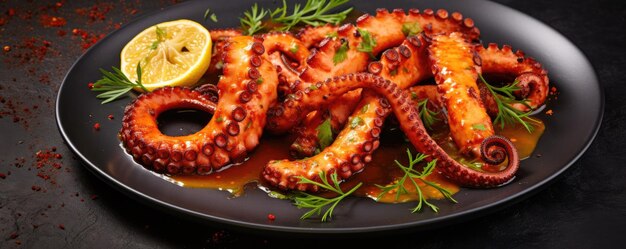 Tentacoli di polpo bolliti su un piatto di pietra Cibo di mare Generativo ai