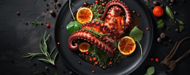 Tentacoli di polpo bolliti su un piatto di pietra Cibo di mare Generativo ai